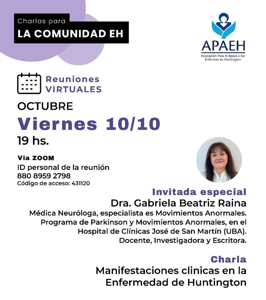 Reunión Zoom APAEH – Manifestaciones Clínicas en la Enfermedad de Huntington